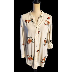 Hope Springs Ivory Cream All-Over Embroidered Button-Front Roll-Tab Sleeve Top L
